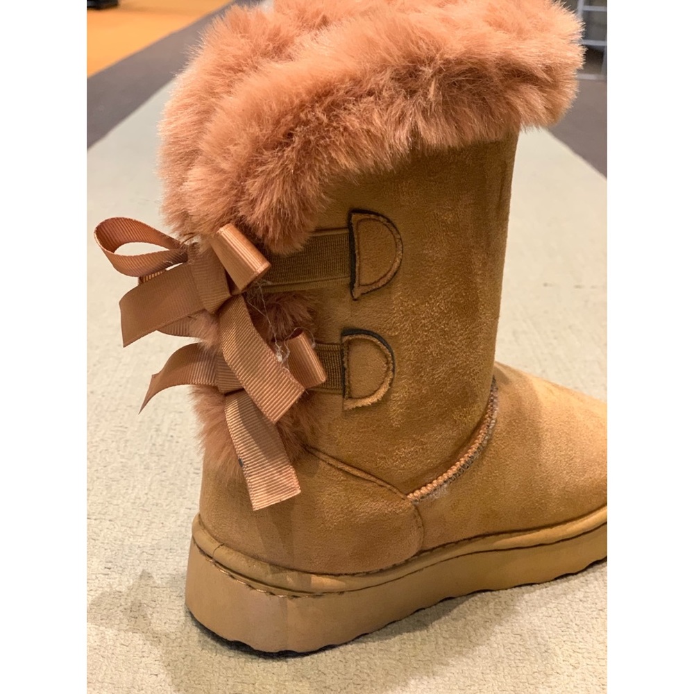 Kids Faux Fur Tan Ribbon Bow Above Ankle Boots